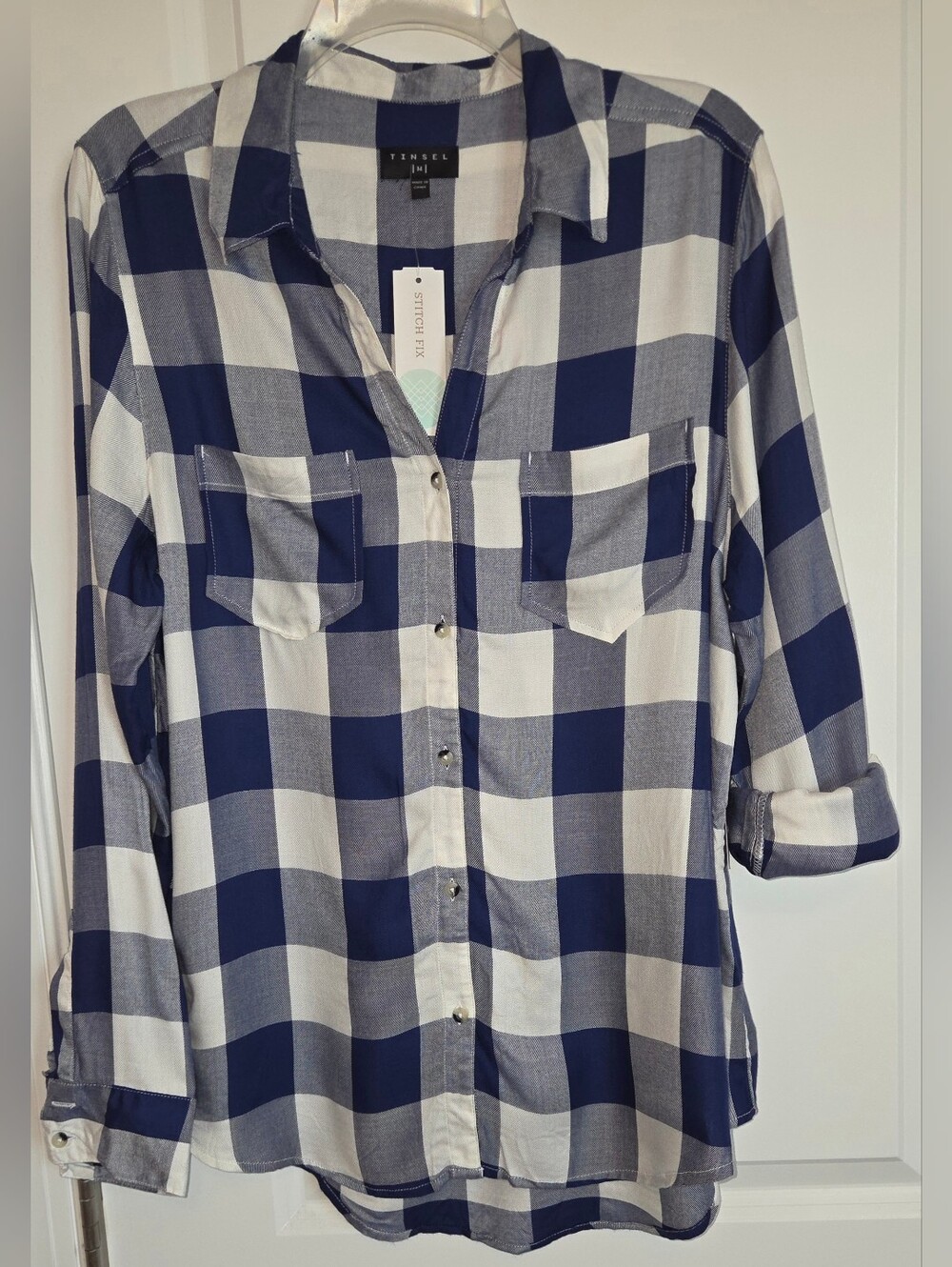 NWT Tinsel Navy Blue White Buffalo Plaid Roll Tab Shirt Medium